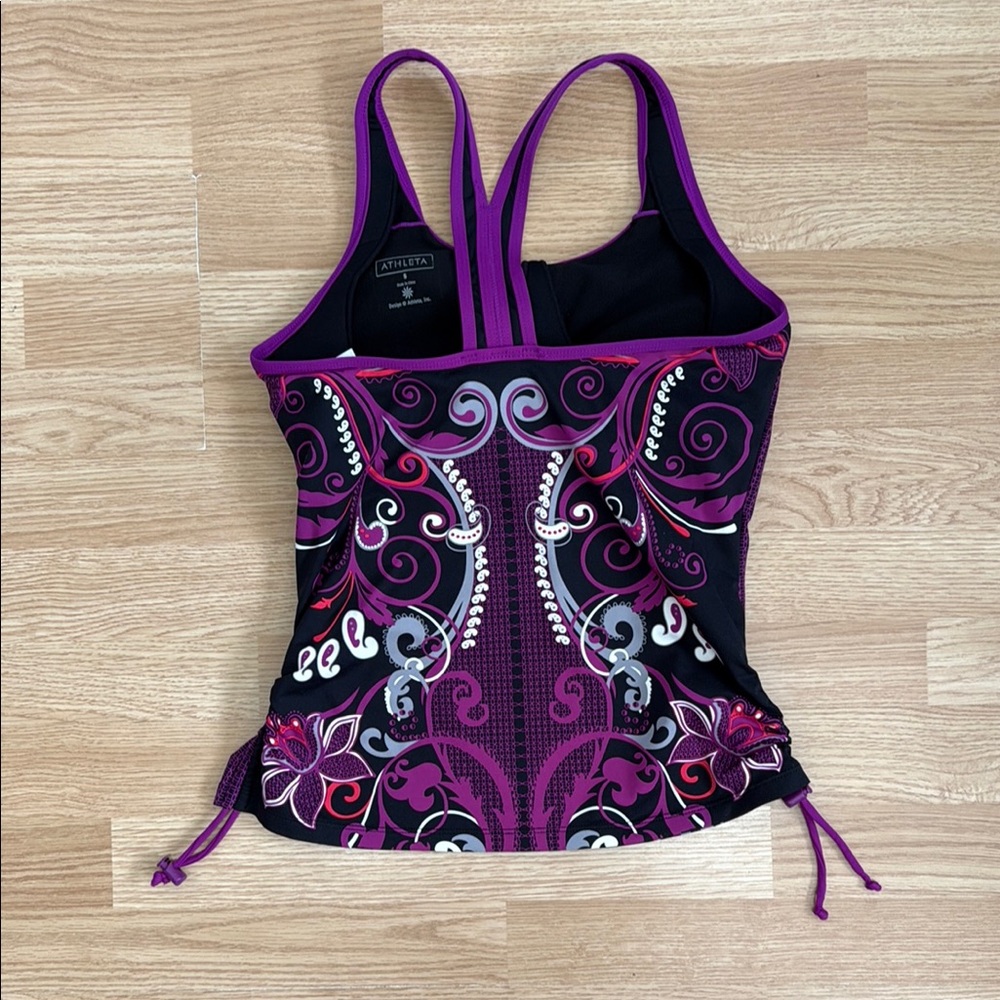 Athleta Purple Black Pink Print Adjustable Ruched Tankini Swim Top Built In Bra - Picture 7 of 9